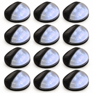 AI-genereret produktfoto af 12 sorte runde LED-solcellelamper