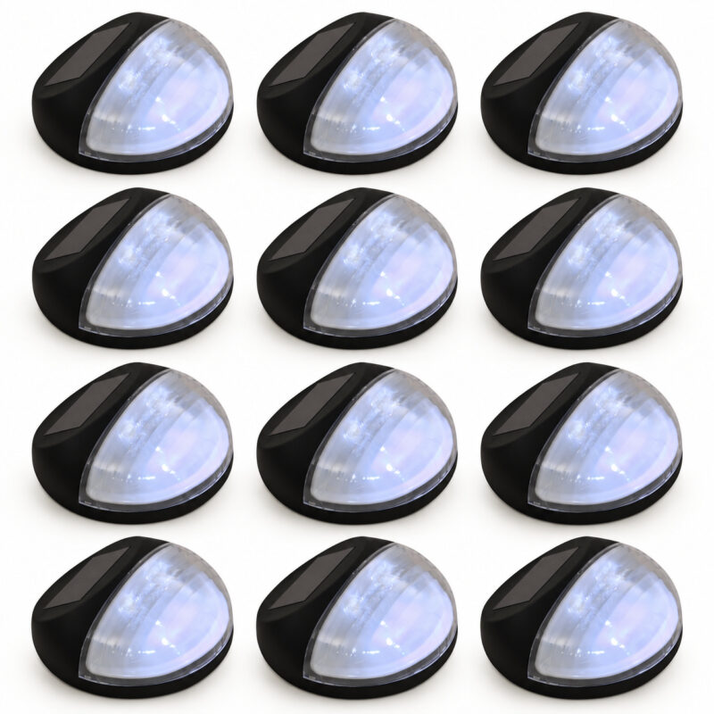 AI-genereret produktfoto af 12 sorte runde LED-solcellelamper