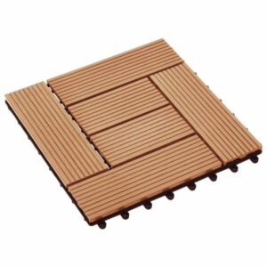 Klikfliser til altan i teakfarvet WPC – 11 stk. – leverandørreference Leverandørreference: teakfarvet WPC-klikflise med mosaikmønster, 30 × 30 cm