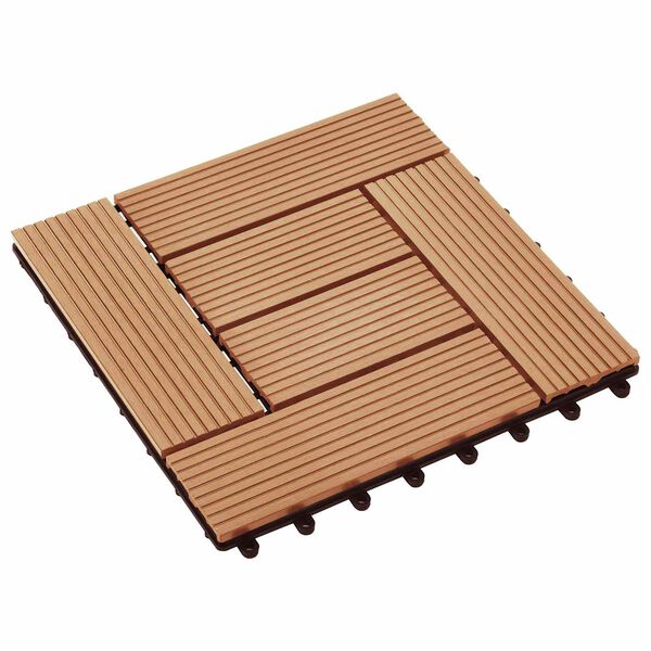Klikfliser til altan i teakfarvet WPC – 11 stk. – leverandørreference Leverandørreference: teakfarvet WPC-klikflise med mosaikmønster, 30 × 30 cm